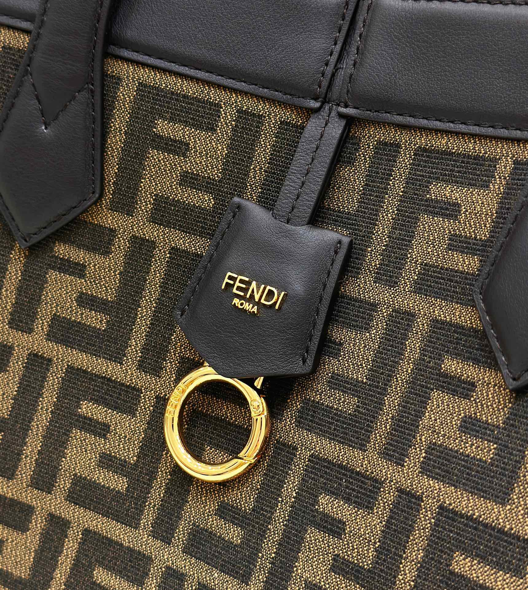 FENDI FENDI ORIGAMI MEDIUM 27 BROWN MIX BLACK FF JACQUARD FABRIC BAG