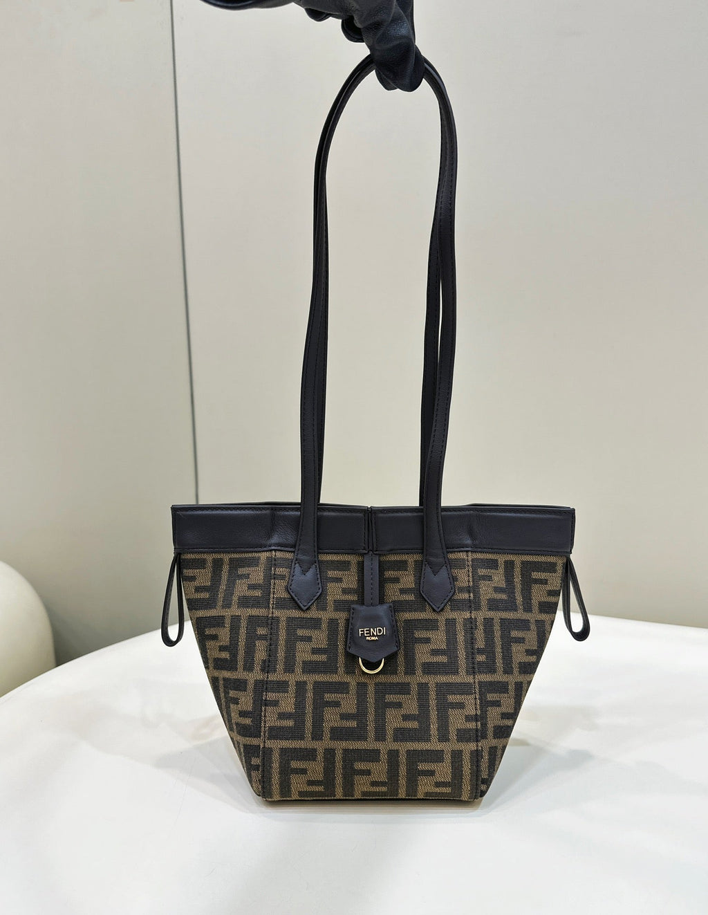 FENDI FENDI ORIGAMI MINI 19 BROWN MIX BLACK FF JACQUARD FABRIC BAG