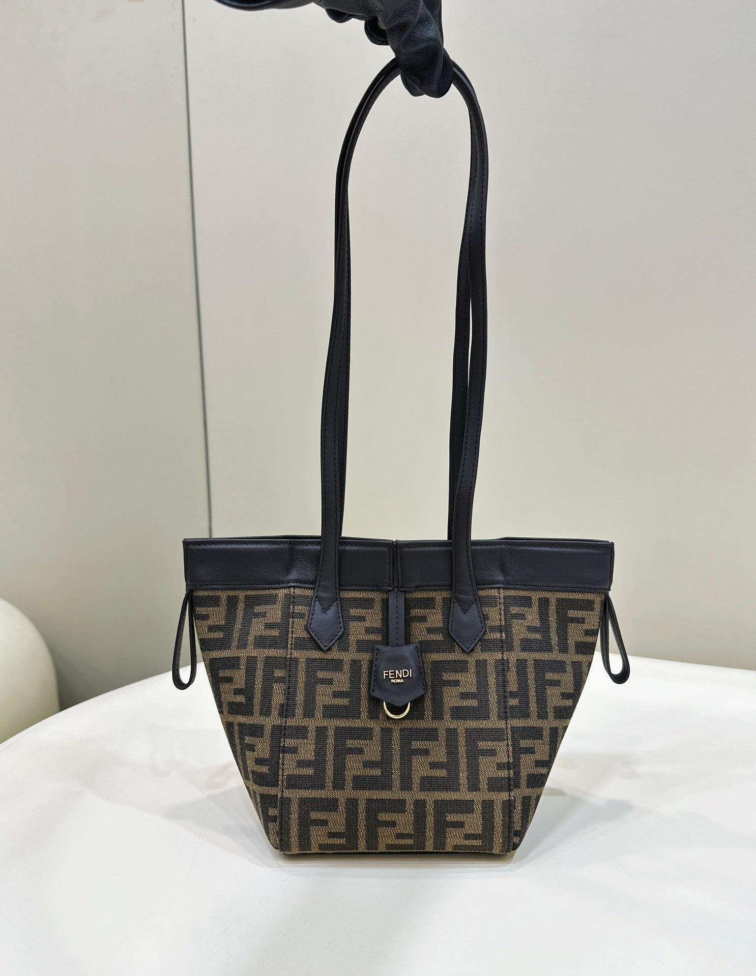 FENDI FENDI ORIGAMI MINI 19 BROWN MIX BLACK FF JACQUARD FABRIC BAG