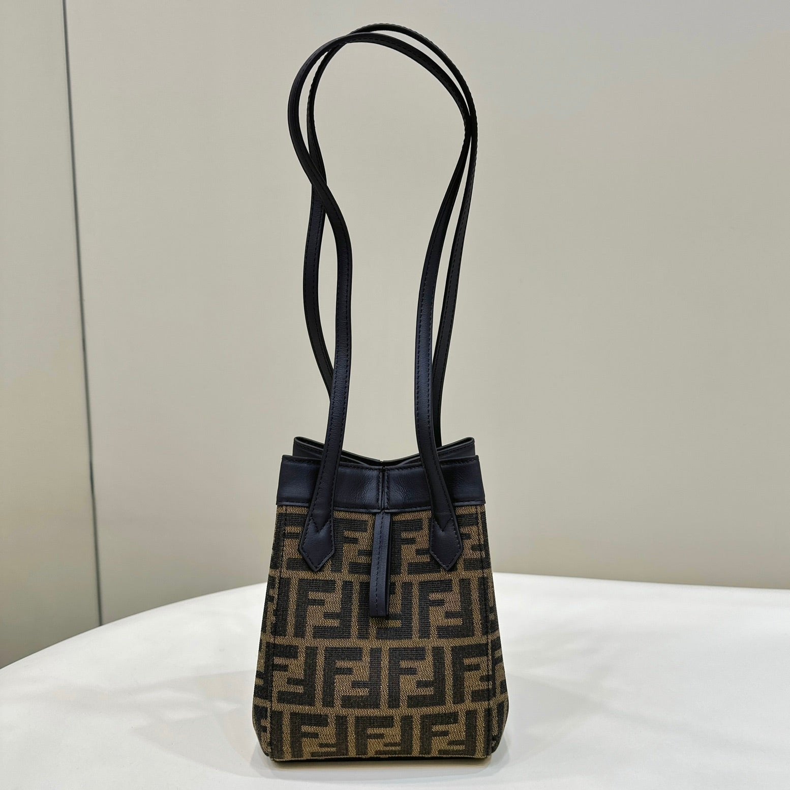 FENDI FENDI ORIGAMI MINI 19 BROWN MIX BLACK FF JACQUARD FABRIC BAG