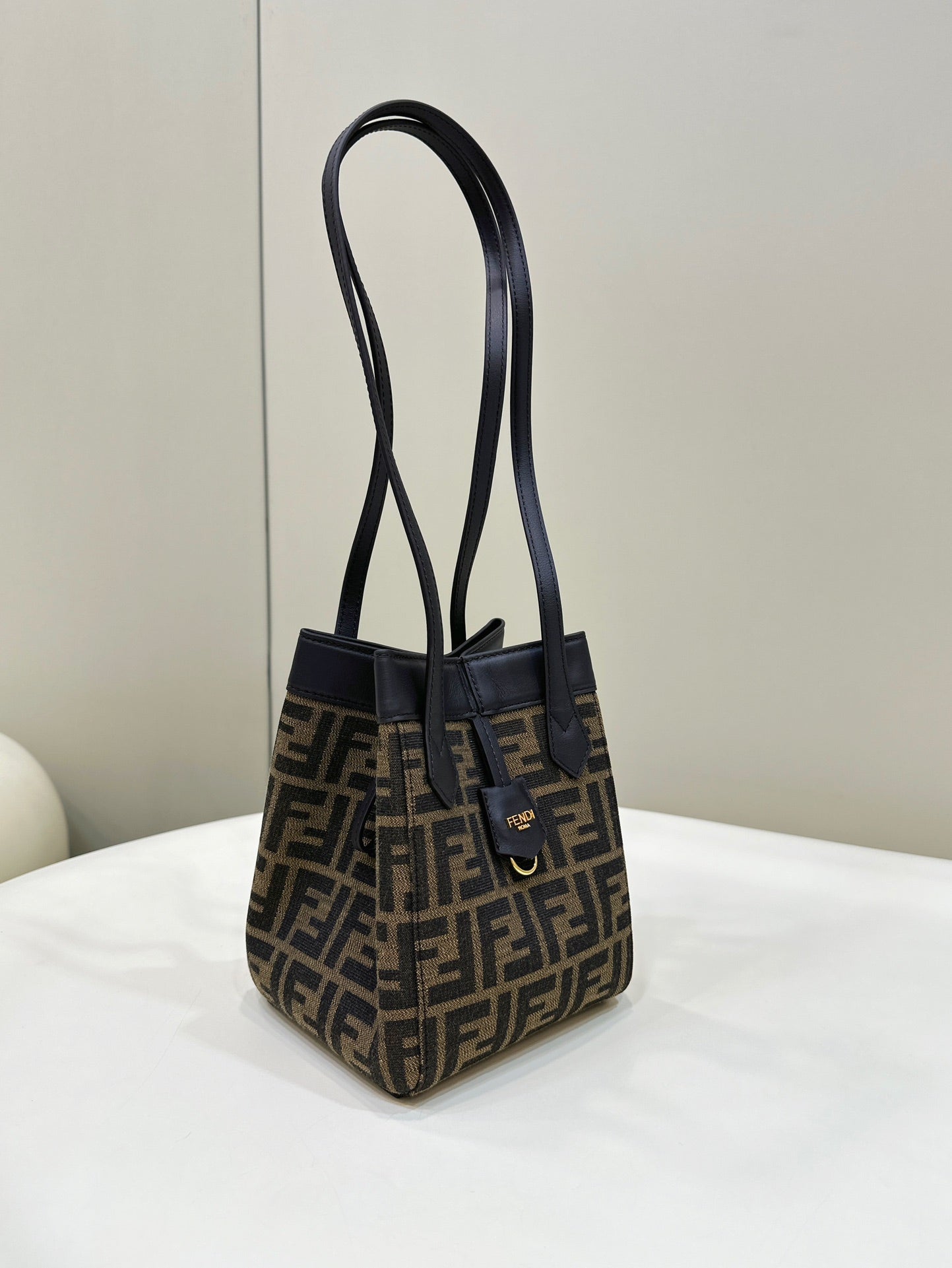 FENDI FENDI ORIGAMI MINI 19 BROWN MIX BLACK FF JACQUARD FABRIC BAG