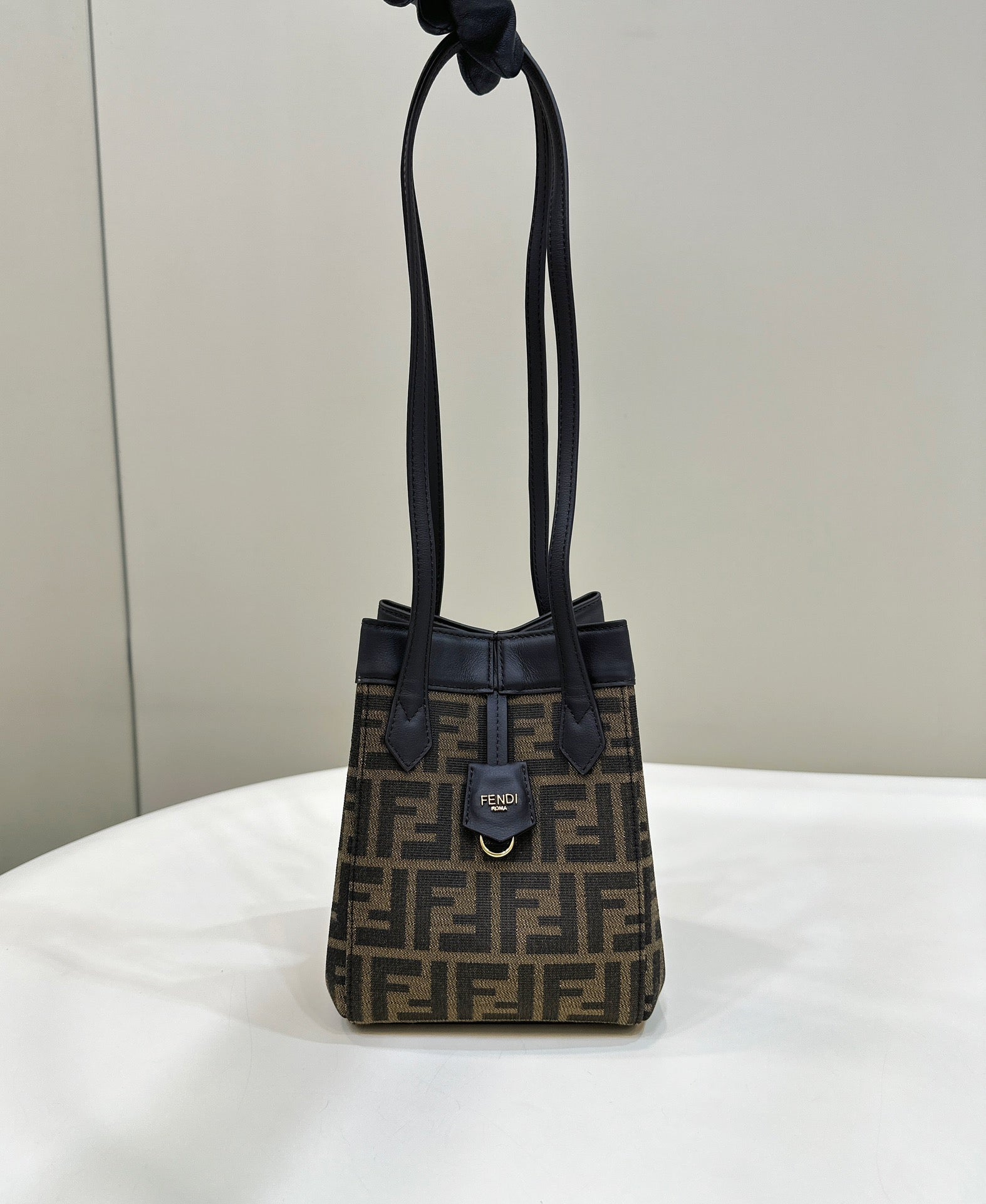 FENDI FENDI ORIGAMI MINI 19 BROWN MIX BLACK FF JACQUARD FABRIC BAG