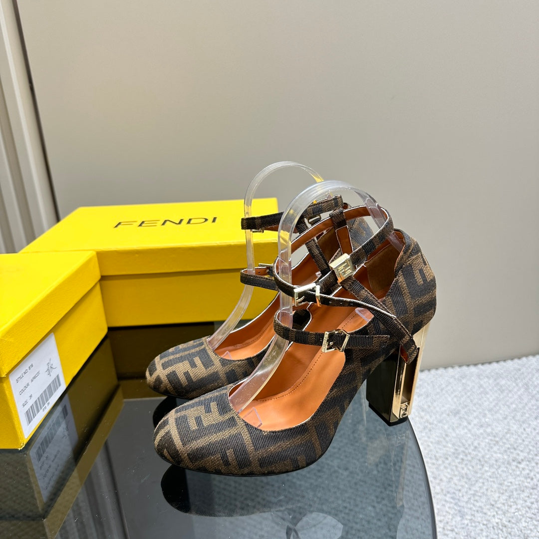 FENDI FENDI DELFINA HIGH-HEELED 85 MM SANDAL IN BROWN MONOGRAM FF CANVAS