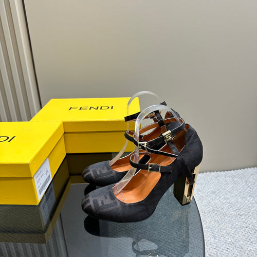 FENDI FENDI DELFINA HIGH-HEELED 85 MM SANDAL IN BLACK MONOGRAM FF CANVAS