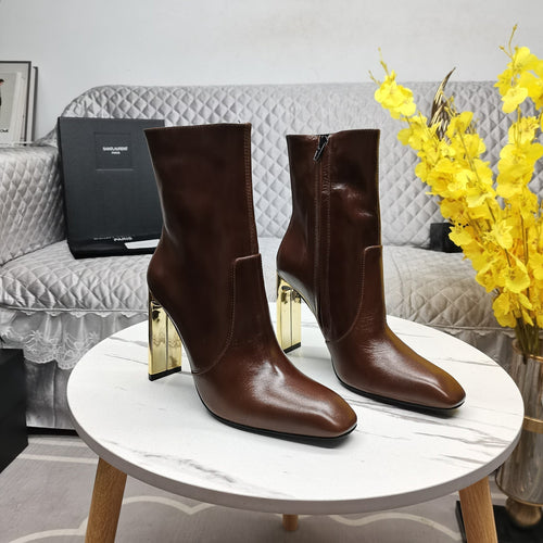 Saint Laurent SL AUTEUIL HEELED ANKLE BOOT BROWN CALFSKIN