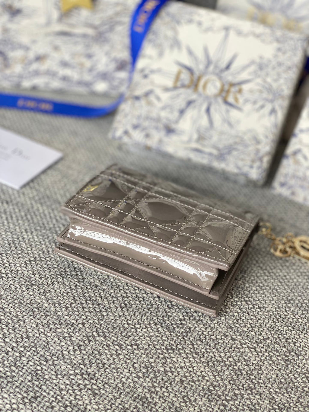 DIOR Caro 11cm Compact Wallet Shiny Grey Calfskin