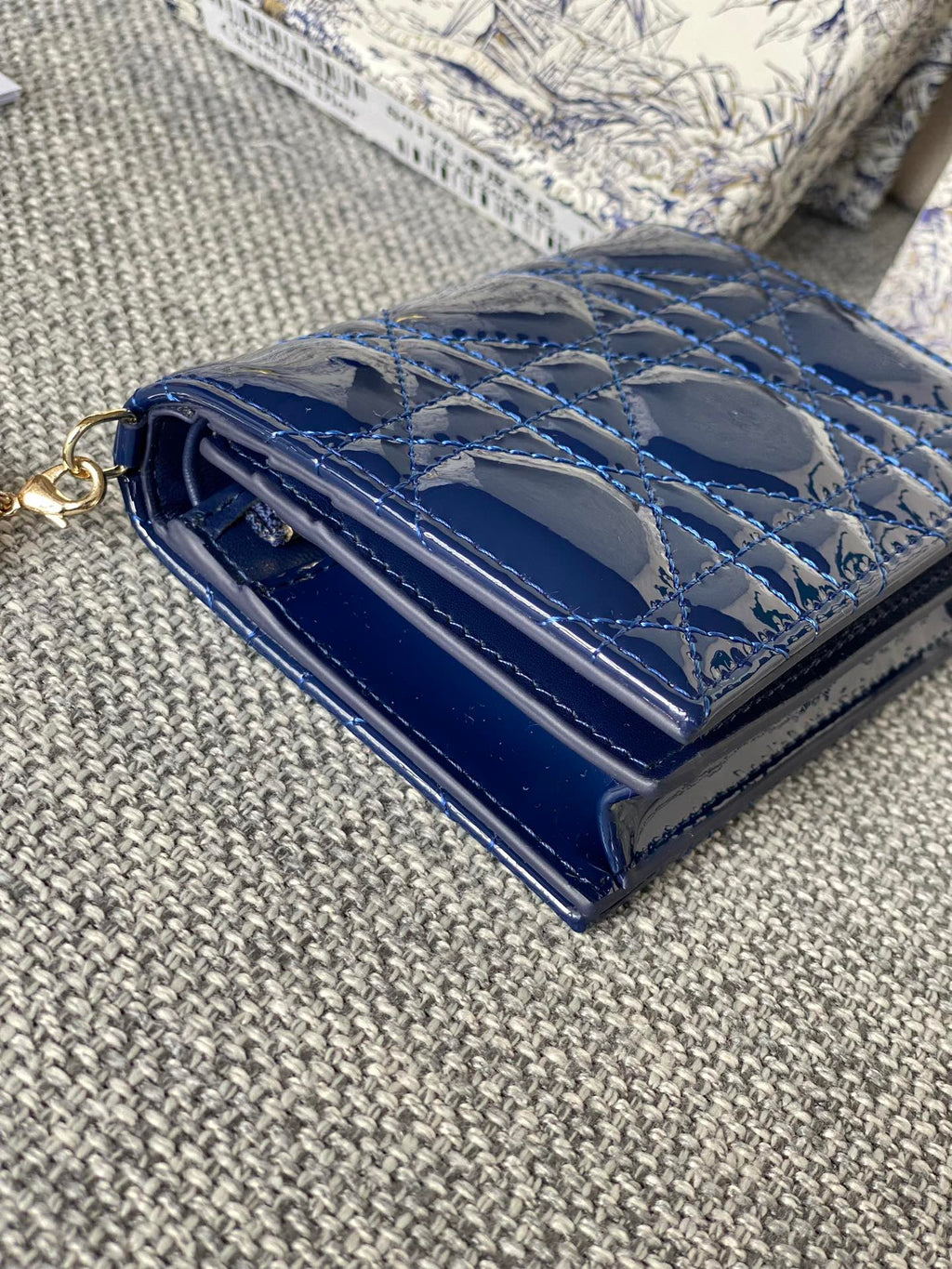 DIOR Caro 11cm Compact Wallet Shiny Blue Calfskin