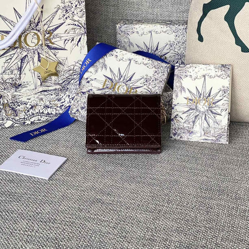 DIOR Caro 11cm Compact Wallet Shiny Burgundy Calfskin