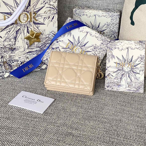 DIOR Caro 11cm Compact Wallet Beige Calfskin
