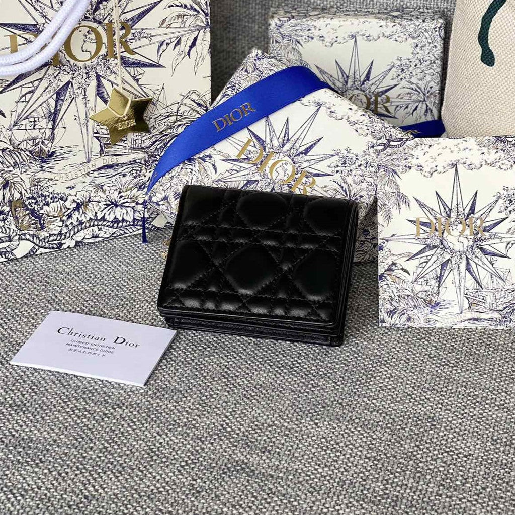 DIOR Caro 11cm Compact Wallet Black Calfskin