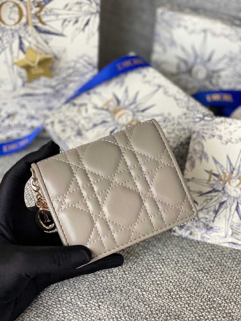 DIOR Caro 11cm Compact Wallet Grey Calfskin