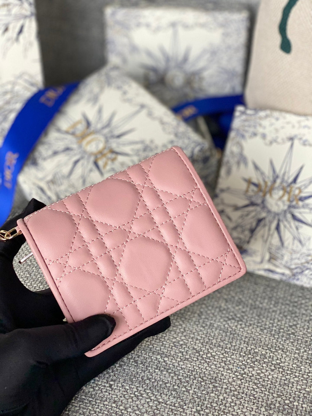 DIOR Caro 11cm Compact Wallet Pink Calfskin