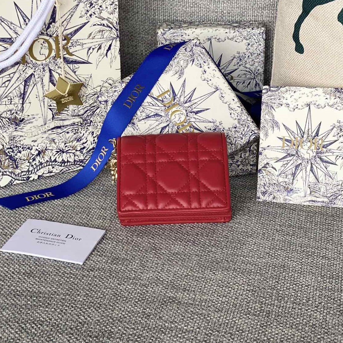 DIOR Caro 11cm Compact Wallet Red Calfskin