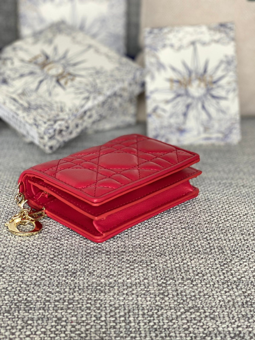 DIOR Caro 11cm Compact Wallet Red Calfskin