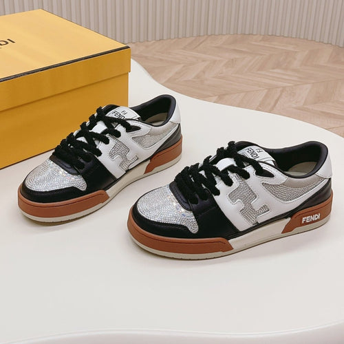 FENDI FENDI CASUAL SNEAKER IN BLACK MIX WHITE CALFSKIN ATTACH RHINSTONES