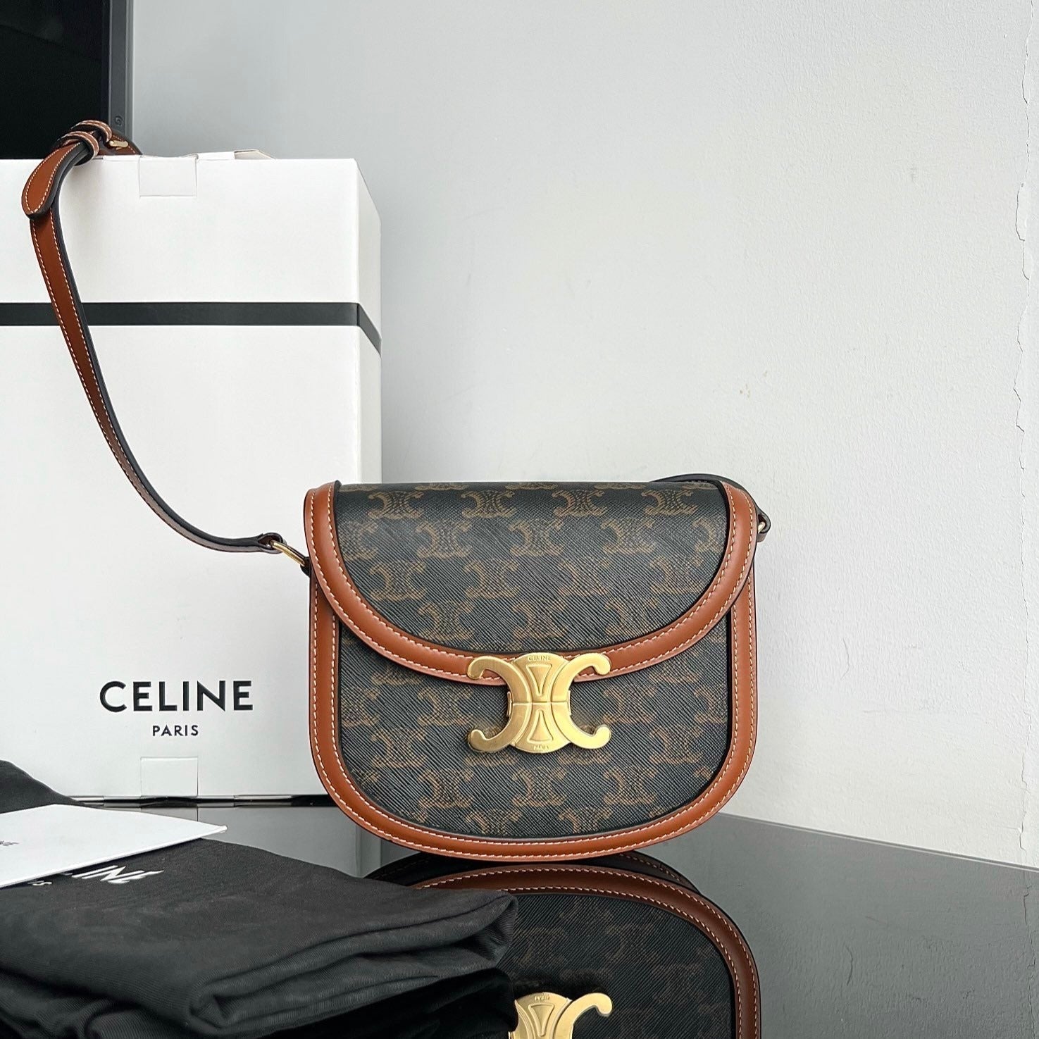 Celine TRIOMPHE SHINY CALFSKIN HANDBAG 18 BLACK PARTERN
