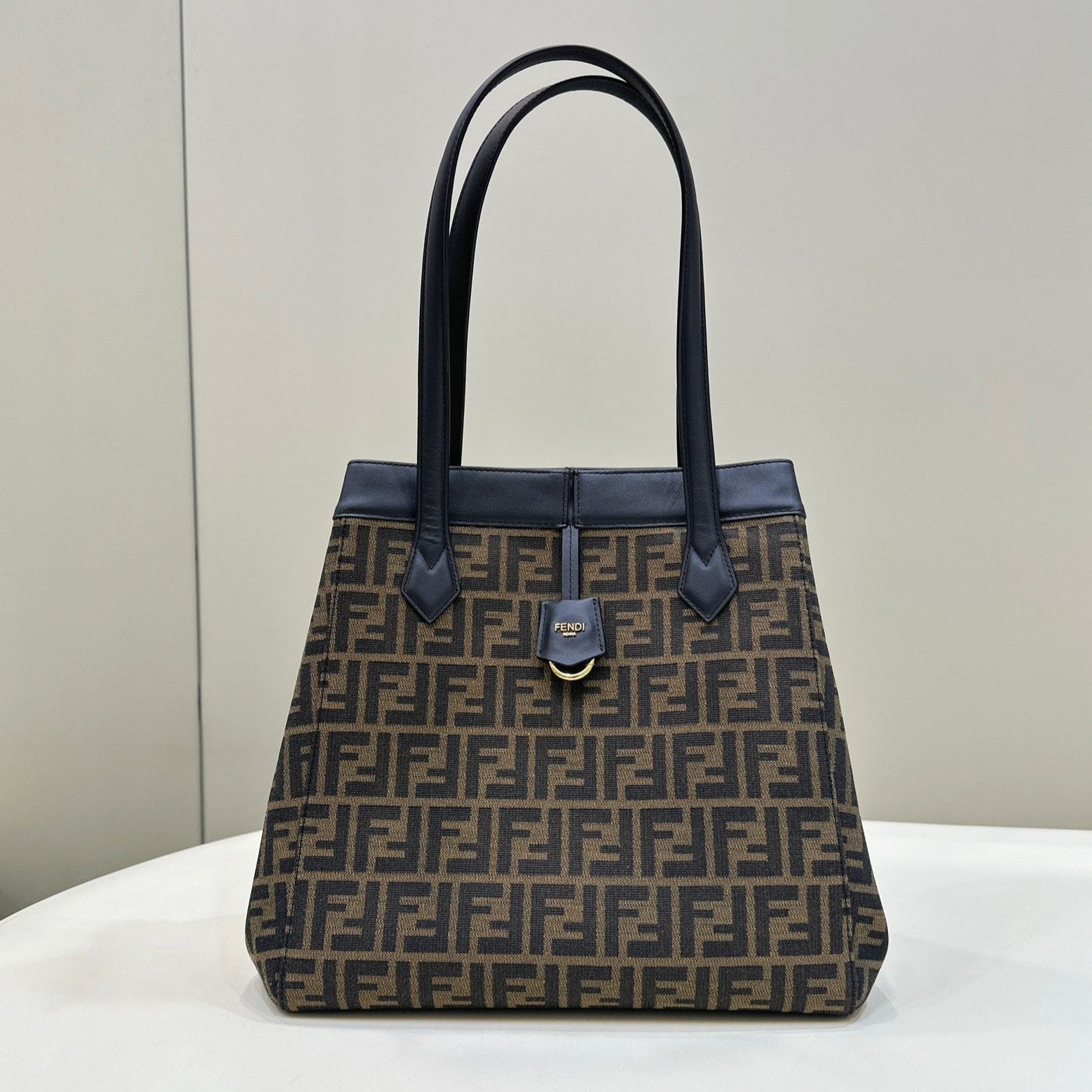 FENDI FENDI ORIGAMI LARGE 33 BROWN MIX BLACK FF JACQUARD FABRIC BAG