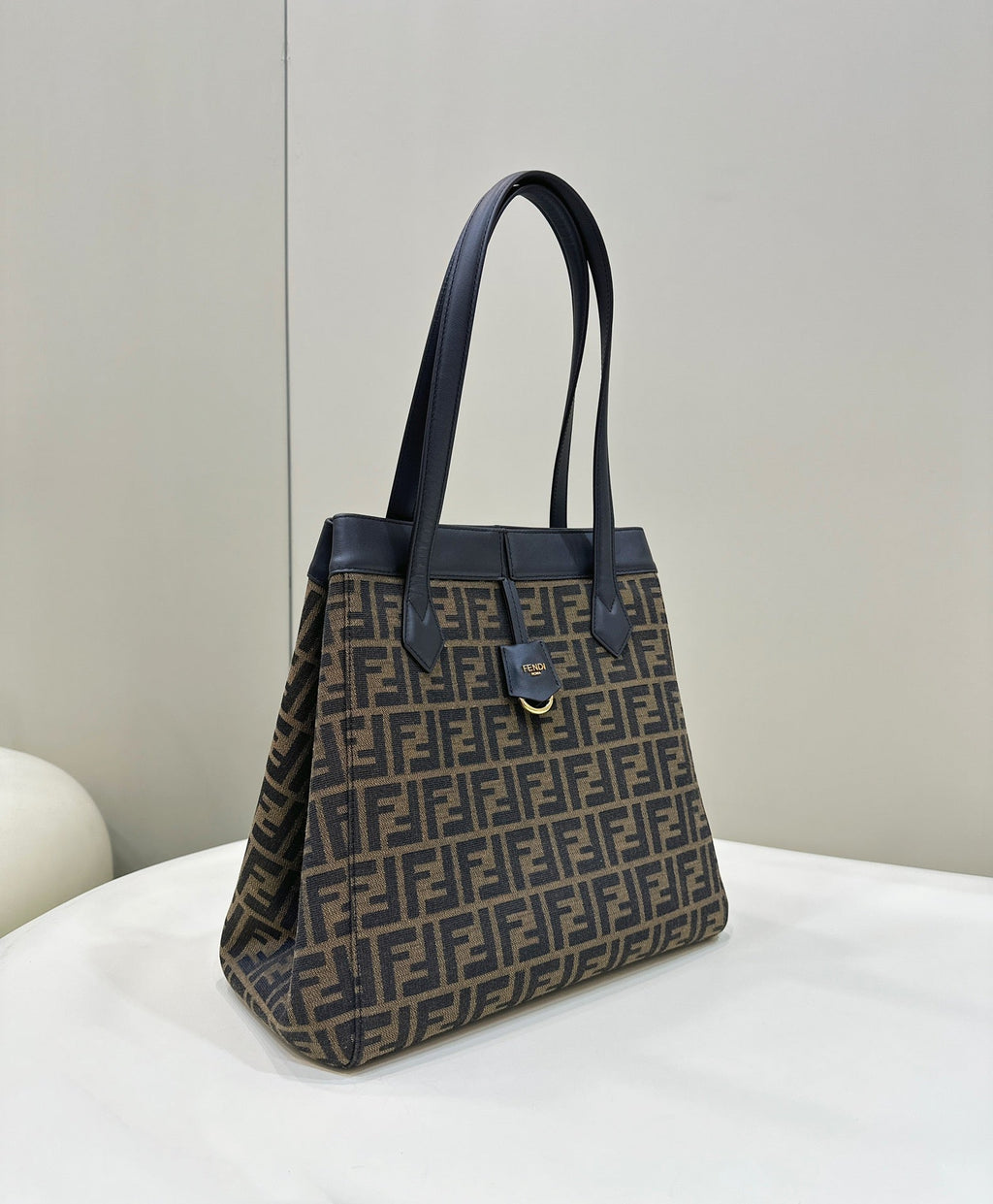 FENDI FENDI ORIGAMI LARGE 33 BROWN MIX BLACK FF JACQUARD FABRIC BAG