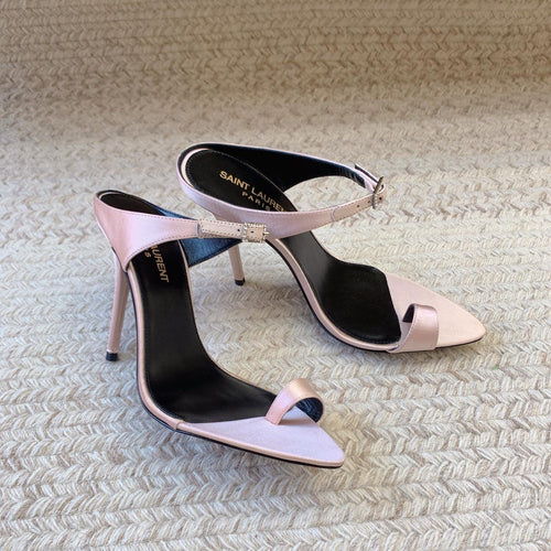 Saint Laurent GAP CRYSTAL-BUCKLE SLIDE SANDALS IN LIGHT PINK SILK