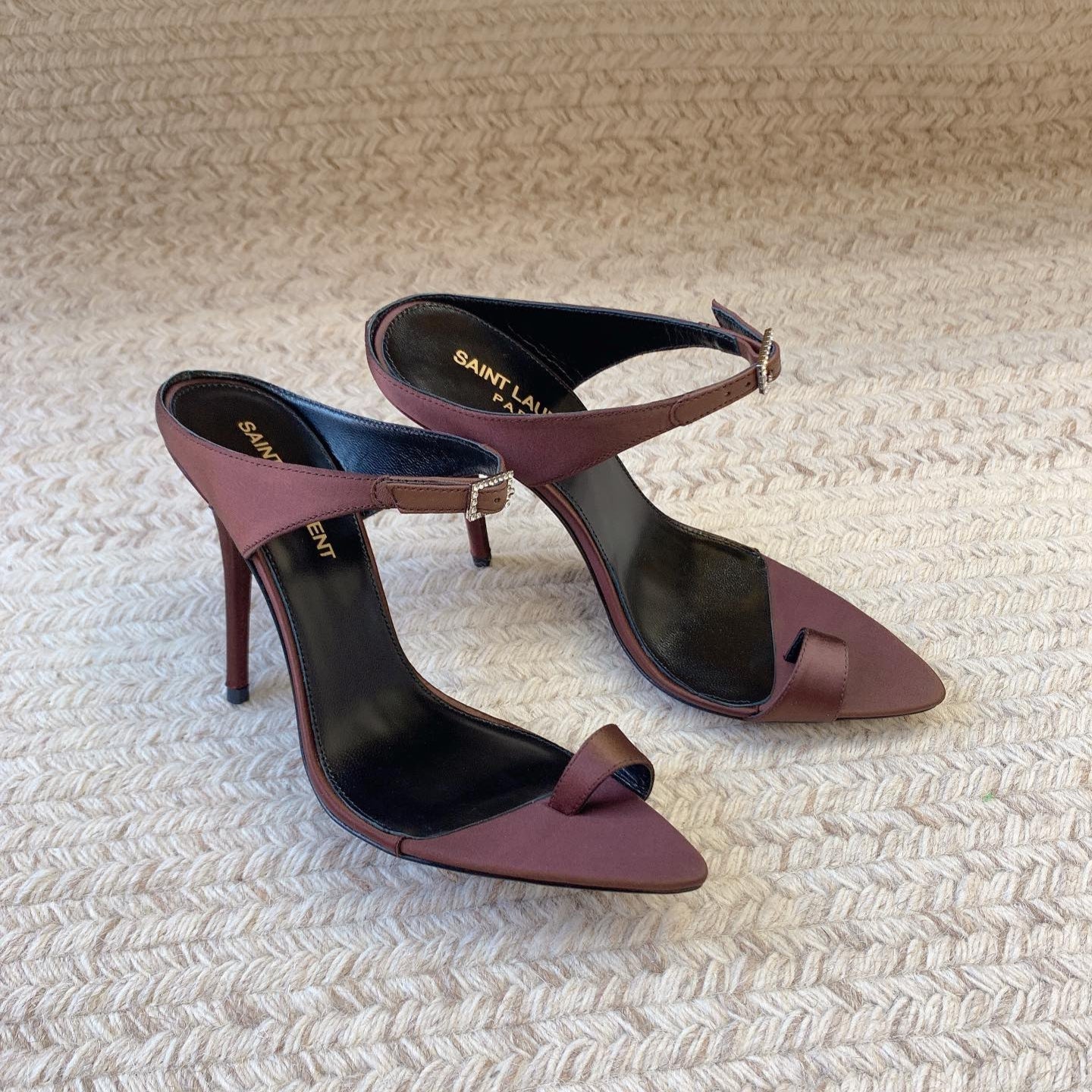 Saint Laurent GAP CRYSTAL-BUCKLE SLIDE SANDALS IN SHIRAZ RED SILK