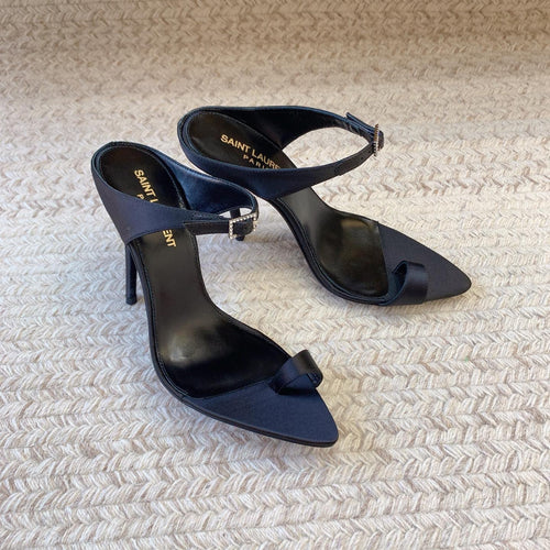 Saint Laurent GAP CRYSTAL-BUCKLE SLIDE SANDALS IN BLACK SILK
