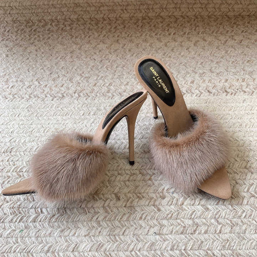 Saint Laurent LA 16 HEELED MULES IN BEIGE RABBIT FUR AND SMOOTH LAMBSKIN