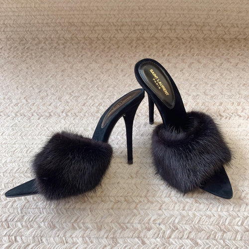 Saint Laurent LA 16 HEELED MULES IN BLACK RABBIT FUR AND SMOOTH LAMBSKIN