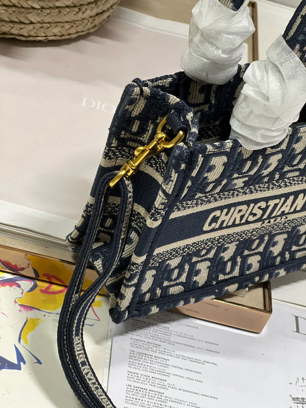 DIOR mini book tote 21.5 beige blue oblique embroidery calfskin