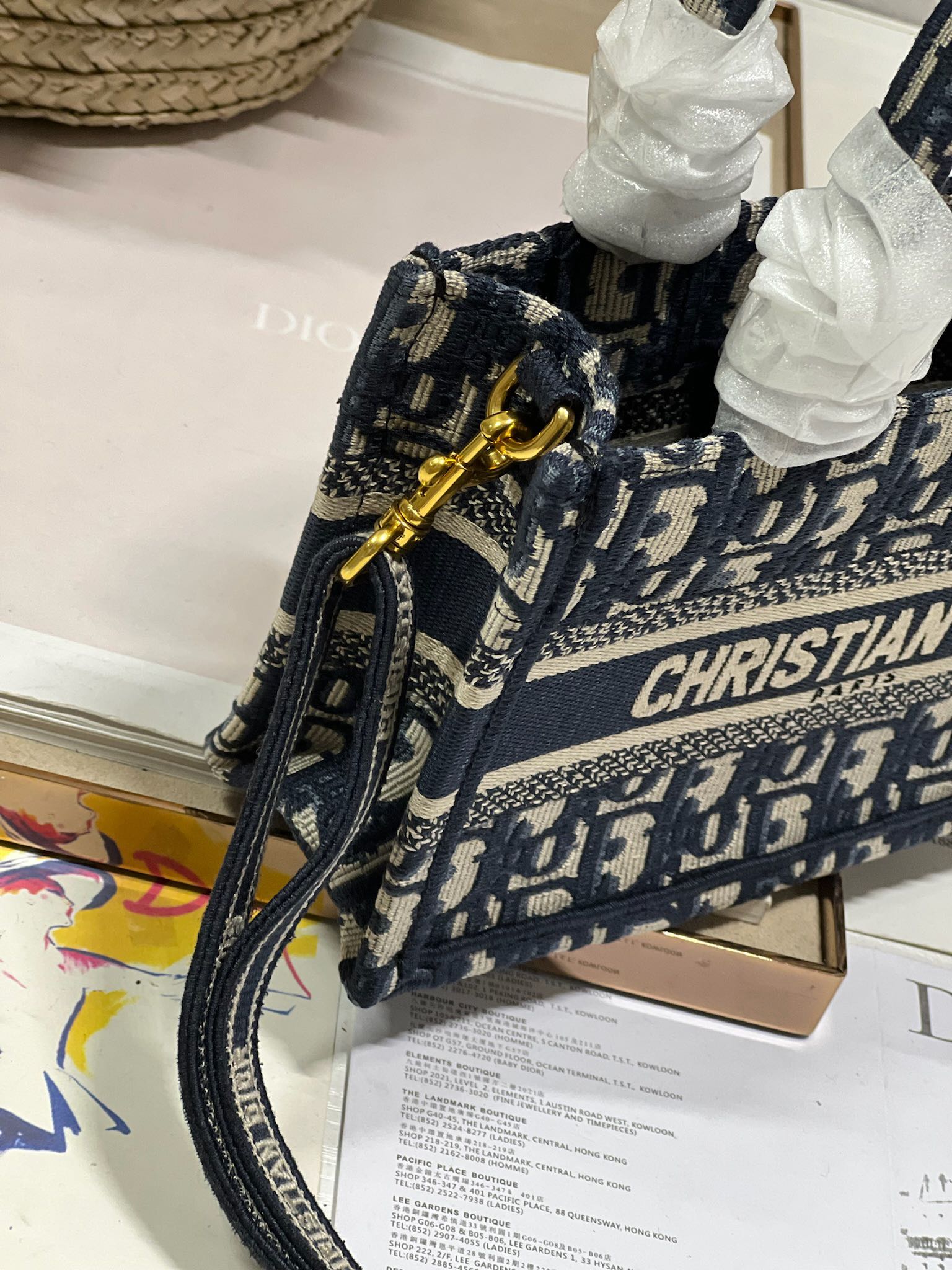 DIOR mini book tote 21.5 beige blue oblique embroidery calfskin
