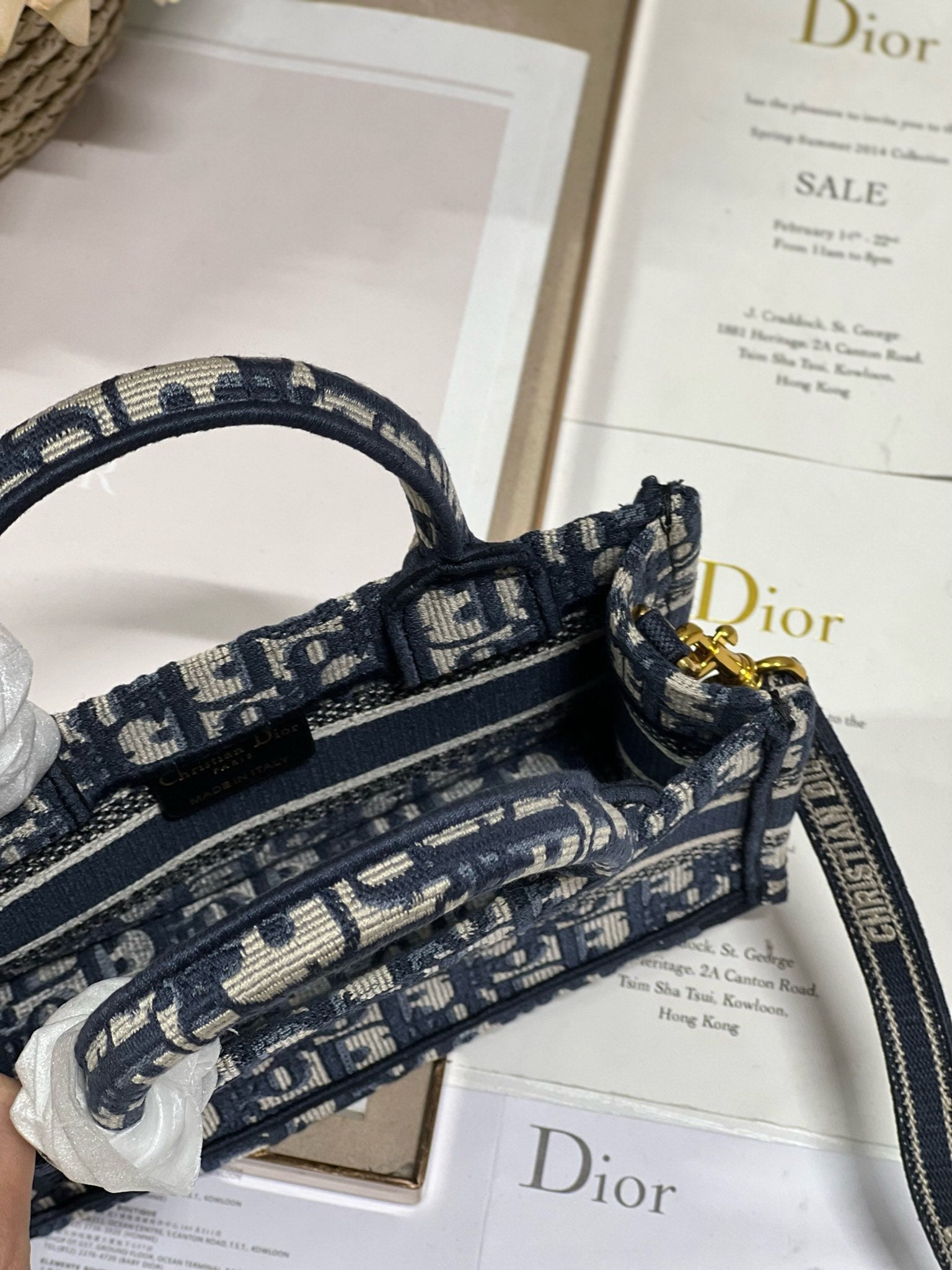 DIOR mini book tote 21.5 beige blue oblique embroidery calfskin