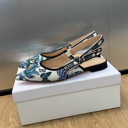 DIOR JA DIOR Slingback Flat Pastel Midnight Blue Multicolor Embroidered Cotton with Toile de Jouy Mexico Motif