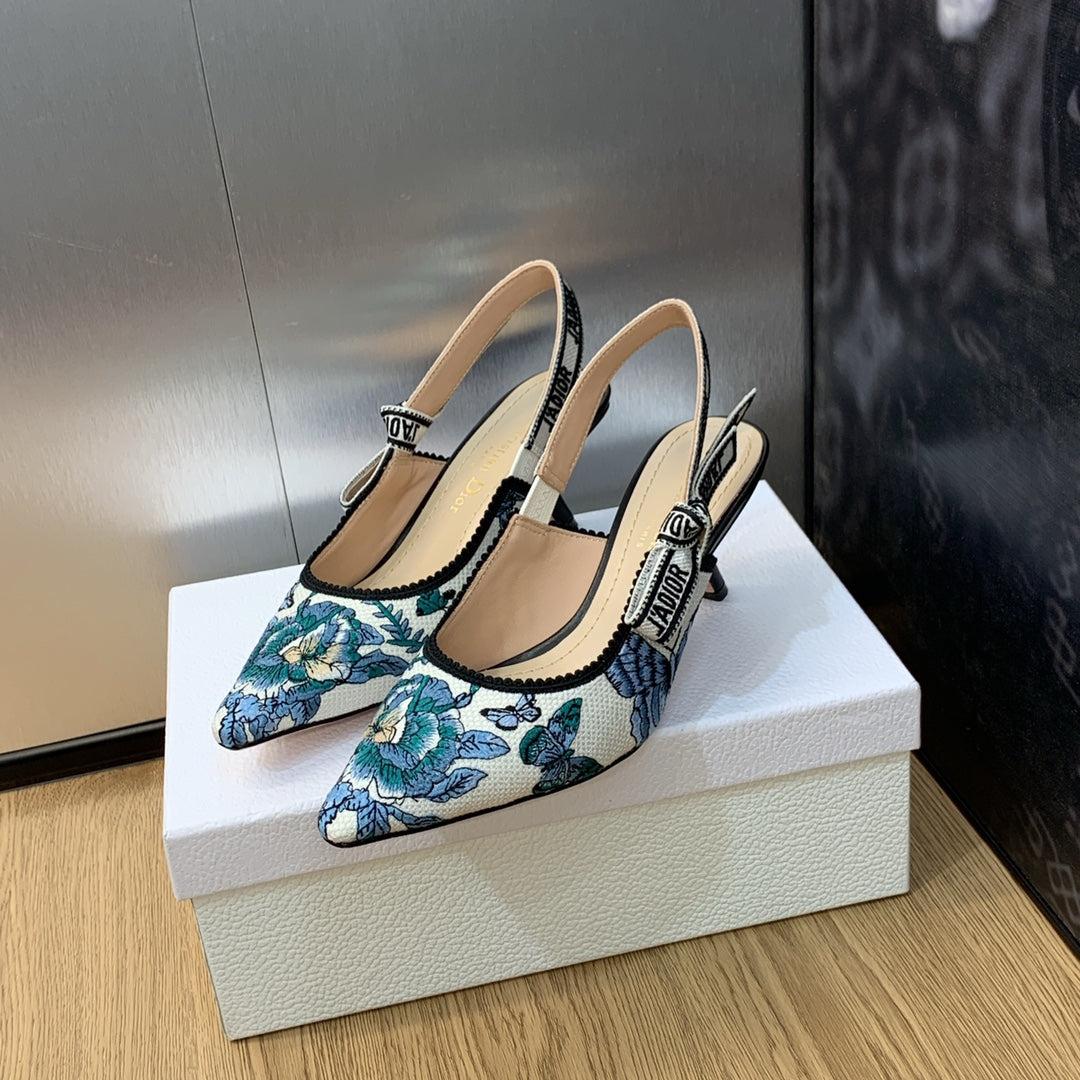 DIOR JA DIOR Slingback Pump 65 Pastel Midnight Blue Multicolor Embroidered Cotton with Toile de Jouy Mexico Motif