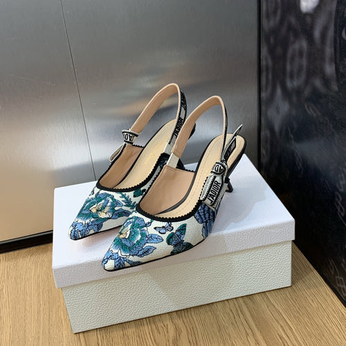 DIOR JA DIOR Slingback Pump 65 Pastel Midnight Blue Multicolor Embroidered Cotton with Toile de Jouy Mexico Motif