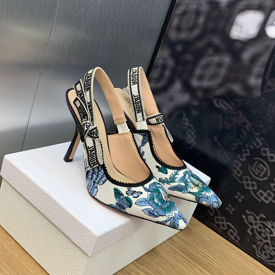 DIOR JA DIOR Slingback Pump 95 Pastel Midnight Blue Multicolor Embroidered Cotton with Toile de Jouy Mexico Motif