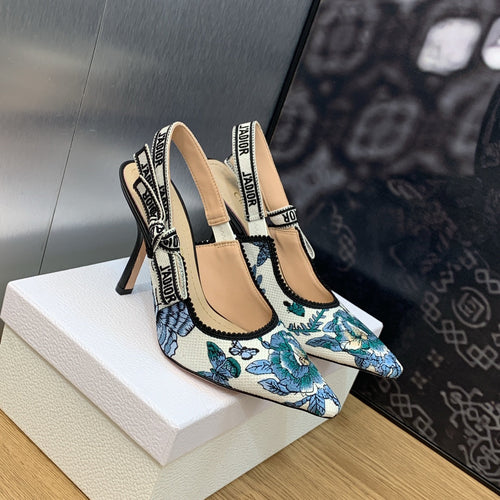DIOR JA DIOR Slingback Pump 95 Pastel Midnight Blue Multicolor Embroidered Cotton with Toile de Jouy Mexico Motif