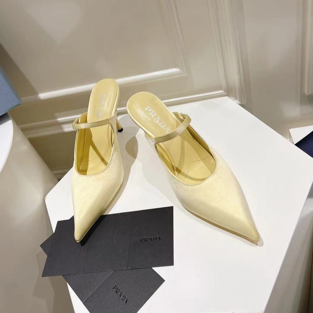 PRADA HIGH-HEELED MULES YELLOW CREAM SATIN