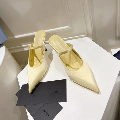 PRADA HIGH-HEELED MULES YELLOW CREAM SATIN