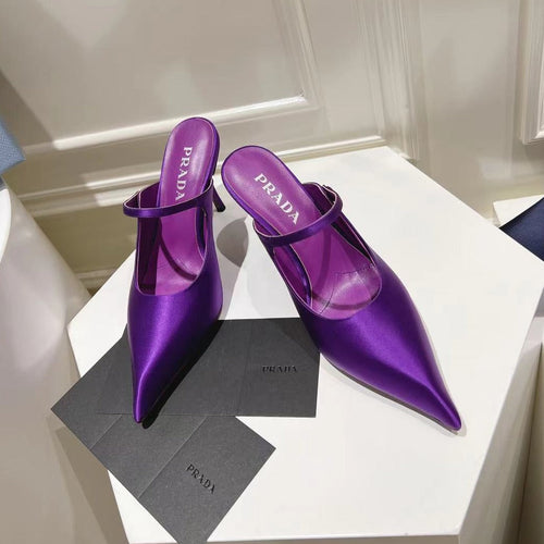 PRADA HIGH-HEELED MULES VIOLET SATIN