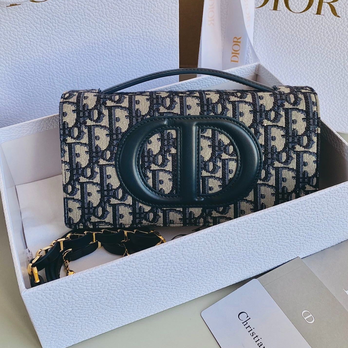 DIOR SIGNATURE CHAIN BAG 21 IN BLUE OBLIQUE JACQUARD