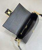 FENDI BAGUETTE 27 IN BLACK CROCODILE PATTERN GLOSSY CALFSKIN GOLD HARDWARE