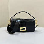 FENDI BAGUETTE 27 IN BLACK CROCODILE PATTERN GLOSSY CALFSKIN GOLD HARDWARE