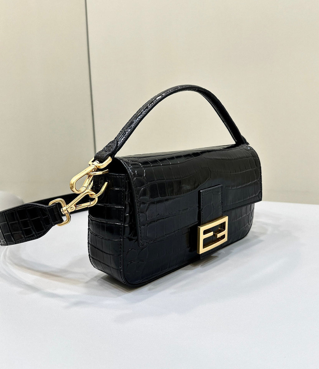 FENDI BAGUETTE 27 IN BLACK CROCODILE PATTERN GLOSSY CALFSKIN GOLD HARDWARE