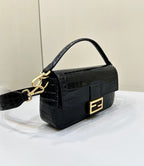 FENDI BAGUETTE 27 IN BLACK CROCODILE PATTERN GLOSSY CALFSKIN GOLD HARDWARE
