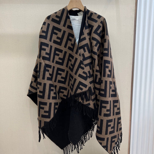FENDI FF 170 CM SCARF IN CAMEL BROWN MIX BLACK CASHMERE AND WOOL