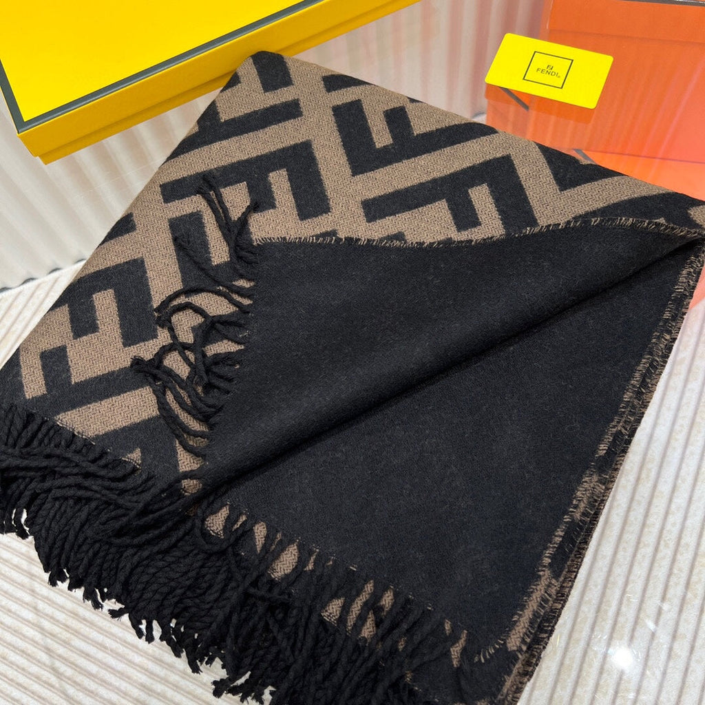 FENDI FF 170 CM SCARF IN CAMEL BROWN MIX BLACK CASHMERE AND WOOL