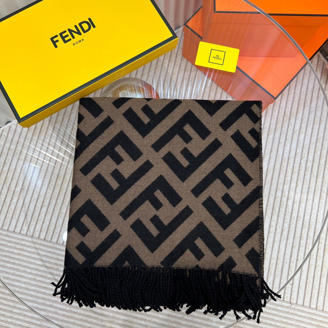 FENDI FF 170 CM SCARF IN CAMEL BROWN MIX BLACK CASHMERE AND WOOL