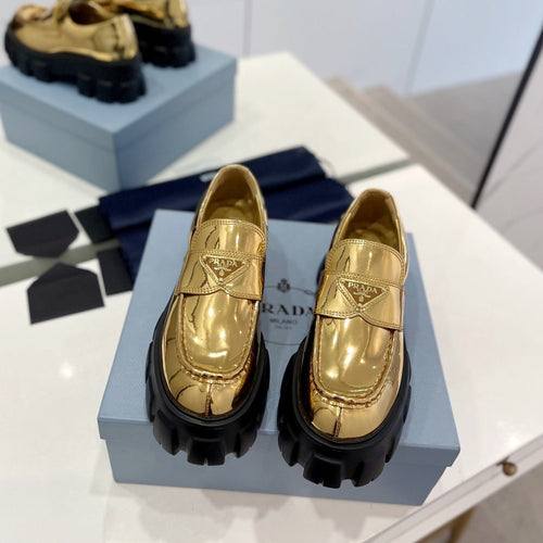 PRADA BRUSHED LEATHER MONOLITH LOAFERS METALLIC GOLD
