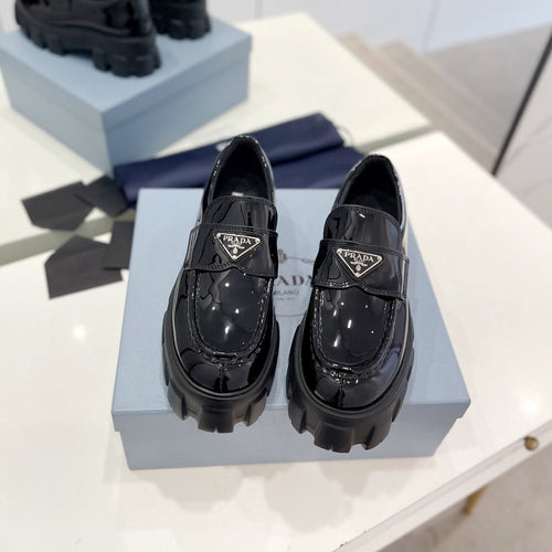 PRADA BRUSHED LEATHER MONOLITH LOAFERS GLOSSY BLACK