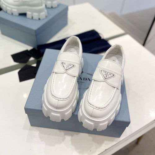 PRADA BRUSHED LEATHER MONOLITH LOAFERS WHITE