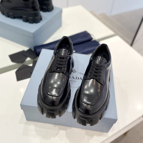 PRADA BRUSHED LEATHER MONOLITH LACE-UP LOAFERS BLACK